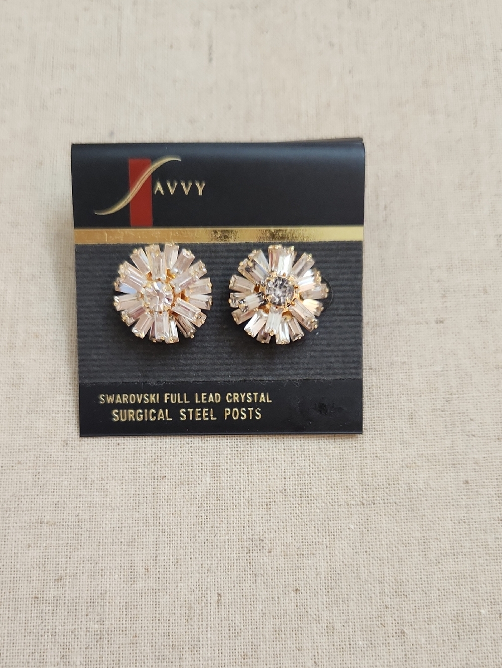 Savvy Gold Crystal Sunburst Stud Earrings - Champagne Tone
